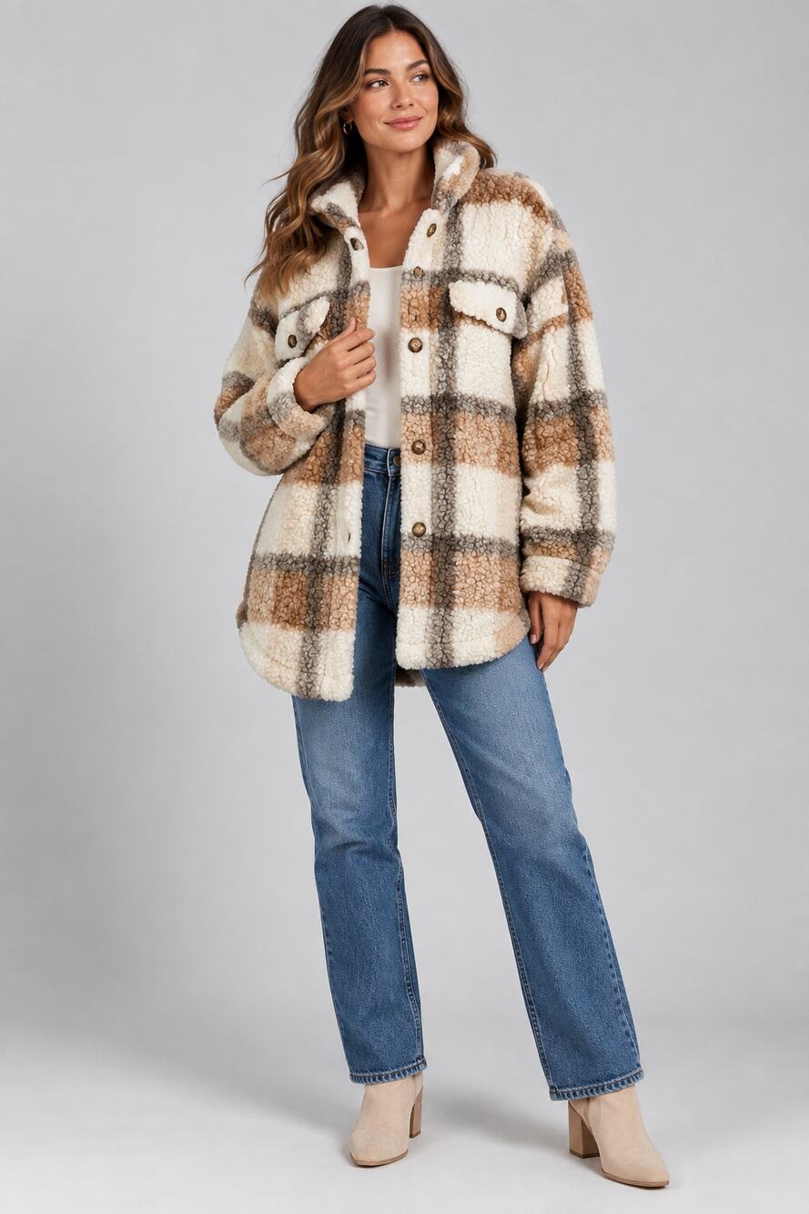 Talulah Womens L Plaid Sherpa Teddy Jacket Cream Tan Gray Button Shacket